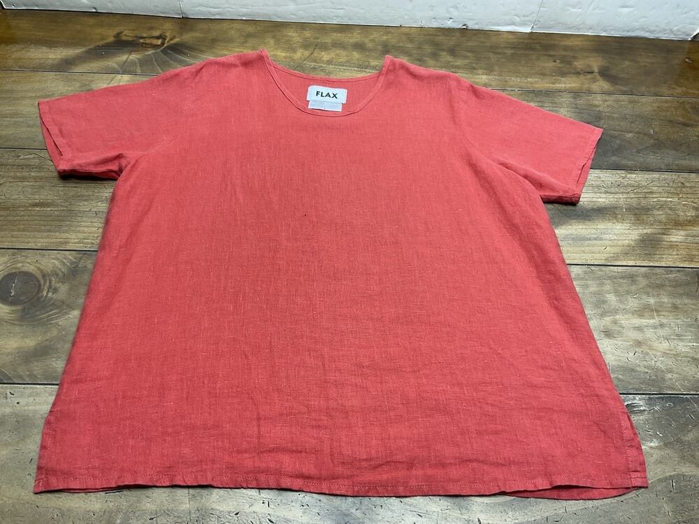 Flax Linen Red Relaxed Pullover Short Sleeve Round Scoop Neck Size Small